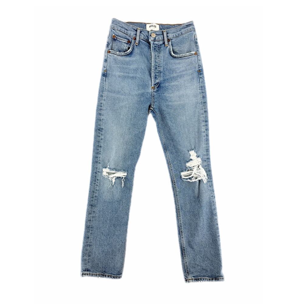 AGOLDE Riley Slim Straight Distressed High Rise Button Fly Cropped Ankle Jeans